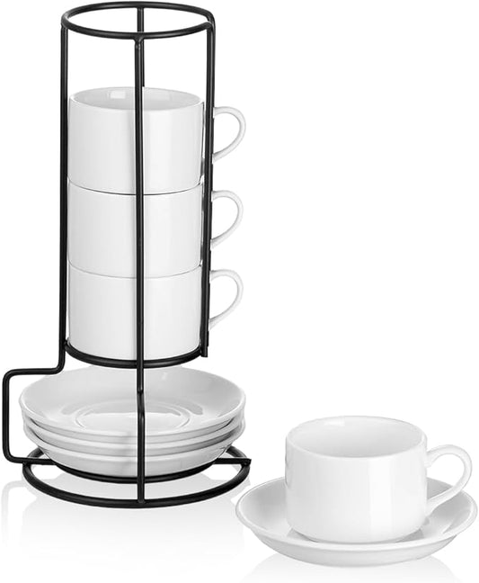 Meichu 2.5oz Porcelain Stackable Espresso Cups with Saucers and Metal Stand Set of 4, Stackable Espresso Cups Set of 4, White Expresso Shots Cup Set for Cappuccino, Coffee Drinks, Latte, Tea
