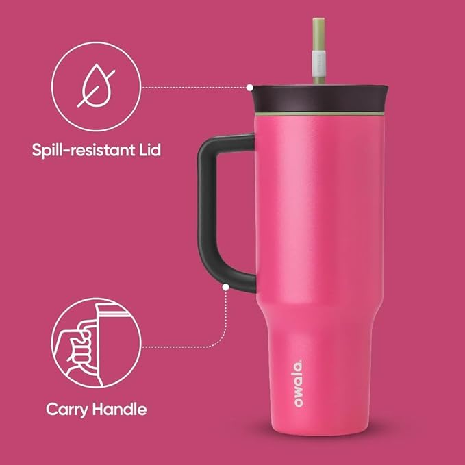 Owala Stainless Steel Triple Layer Insulated Travel Tumbler with Spill Resistant Lid, Pink & Kids Insulation Stainless Steel Tumbler with Spill Resistant Flexible Straw, Easy to Clean