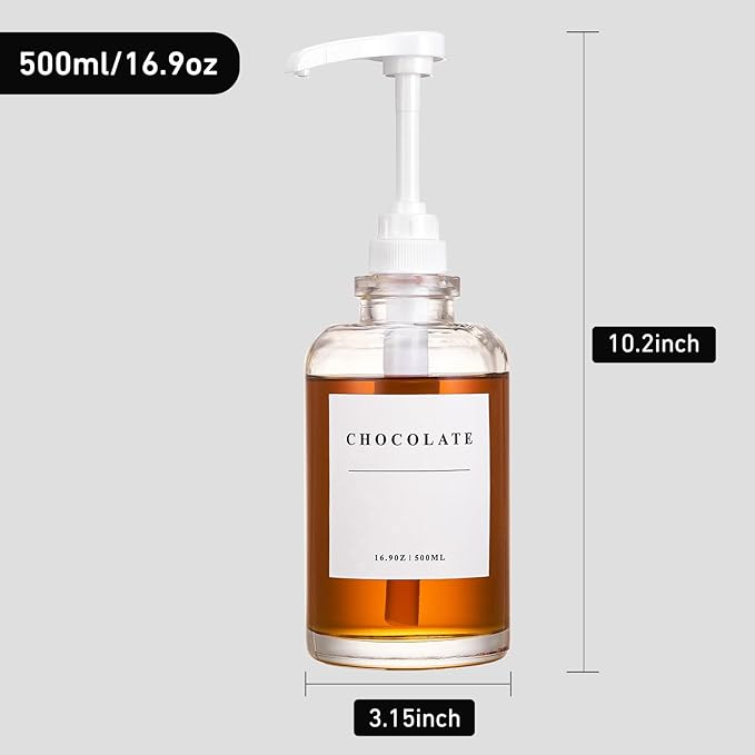 Coffee Syrup Dispenser for Coffee Bar, Coffee Syrup Pump Dispenser, Glass Syrup Bottle with White Upgraded Pump, 4 Pack 16.9 oz 500 ml Syrup Dispensers, 28 Labels and Bamboo Tray