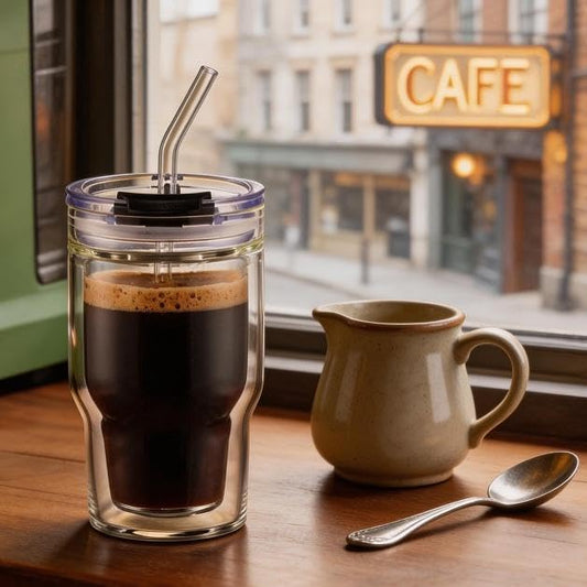 Double Walled Glass Espresso Cups, Insulated Coffee Mug with Straw and Lid - 12oz/350ml Reusable Tumbler for Hot/Cold Drinks, Smoothie, Latte, Matcha, Car & Travel