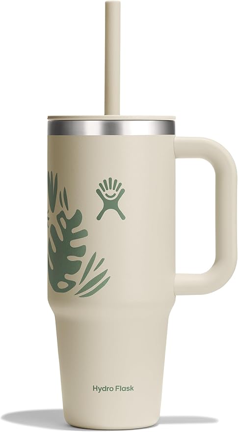 Hydro Flask Travel Tumbler with Handle, Lid and Straw - Insulated Stainless Steel in 24 Oz Botanical Bliss Coconut