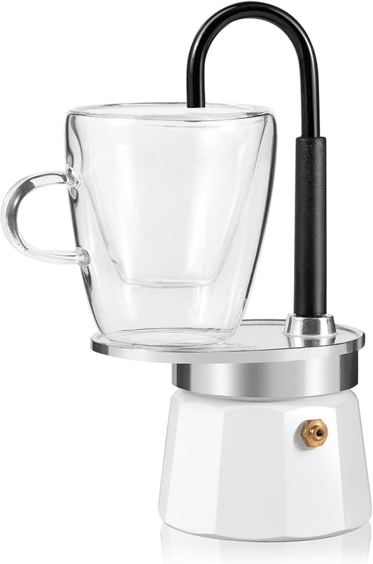 MVPLUE-Mini Express Swiss Single Tube Moka Pot Aluminum Ivory white，Moka Set includes One Double Wall 3oz Cup,Enjoy delicious coffee in no time