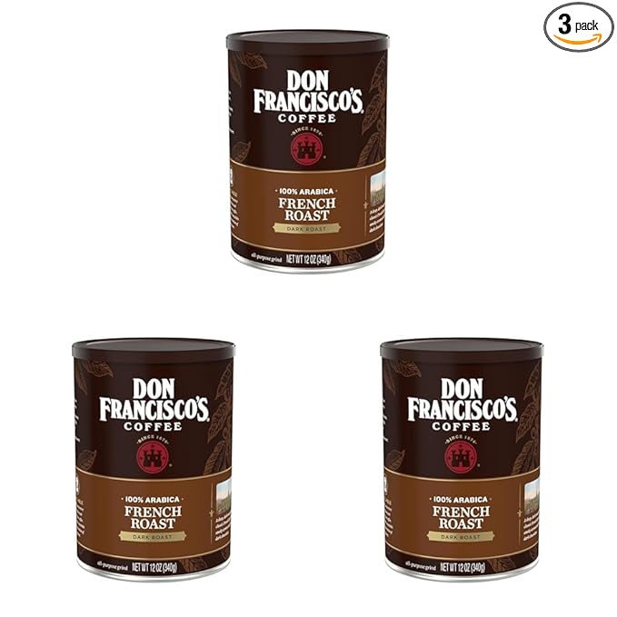 Don Francisco's French Dark Roast Ground Coffee: Rich, Smoky 100% Arabica Beans with Chocolate Notes - Premium Morning Brew (3 x 12 oz Recyclable Cans)