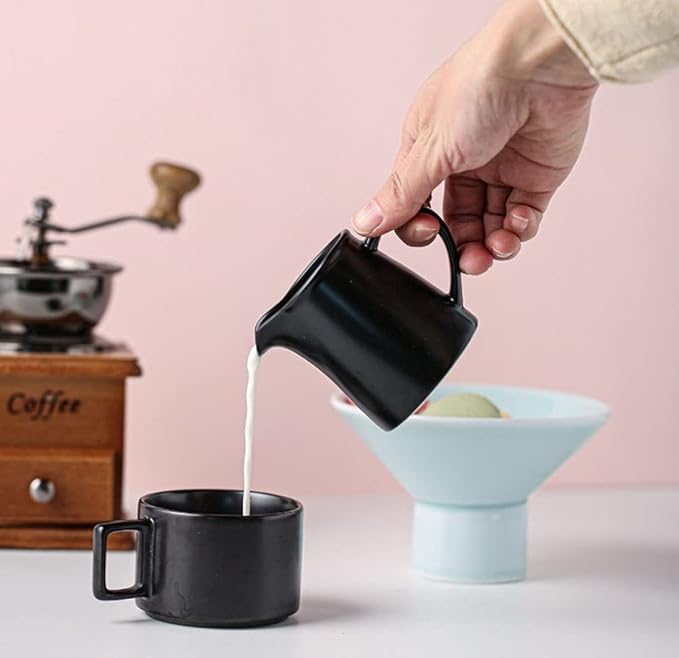 Black Mini Simple Ceramic Coffee Milk Creamer Pitcher with Handle, Set of 2
