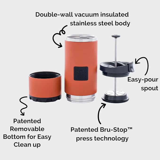 BruTrek OVRLNDR Travel Coffee French Press, 24 fl.oz Drinkable Capacity, Vacuum Insulated, Easy To Clean Removable Bottom, No Spill Lid, On The Go Coffee Brewing (Red Rock)