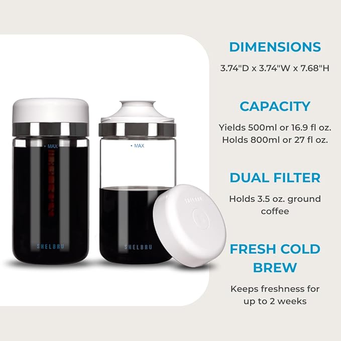 SHELBRU Cold Brew Coffee Maker Set (Brewer & Carafe), Up to 12 Servings of Concentrate, Reusable Stainless Steel Dual Filter, Durable Borosilicate Glass & Spill-Proof Pouring Spout, 16.9 fl oz / 500ml
