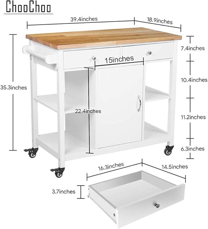 ChooChoo Kitchen Cart on Wheels with Wood Top, Utility Wood Kitchen Islands with Storage and Drawers, Easy Assembly - White