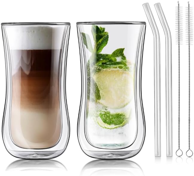 Joeyan Glass Double Walled Beer Drinking Glasses Tumbler, Double Layer Tall Borosilicate Insulated Water Cocktail Glass Cups, Double Lined Thermo Tea Coffee Hot Beverage Glassware 12 oz, Set of 2