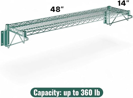 14" x 48" Green Wall-Mounted Wire Shelf with Epoxy Coating, Heavy-Duty Steel Storage Rack, NSF Certified, Easy Installation, Open Wire Design for Kitchen, Garage, or Utility Storage
