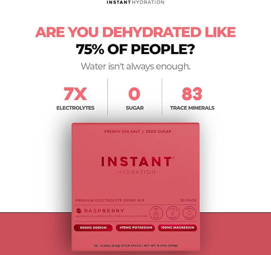 Instant Hydration Electrolytes Powder Packets - Raspberry Electrolyte Drink Mix - Zero Sugar - Keto, Vegan, Gluten-Free, Non-GMO - Boost Recovery, Brain Health, Muscle & Tissue Support- 30 Sticks