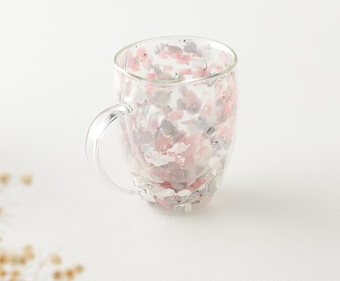Double Glass Flower Tea Cup, Aesthetic Preserved Flower Cup, Cute Insulated Tea Cup with Handle, Heat Resistant & Lead-free Coffee Mugs, Gifts for Birthday Mother's Day, Perfect for Women Wife Mom (P)