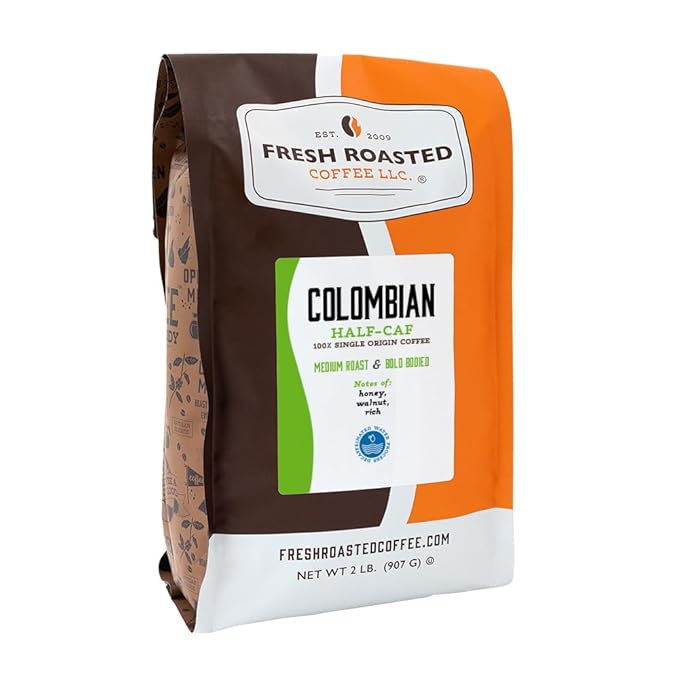 Fresh Roasted Coffee, Colombian Water Half-Caf, 2 lb (32 oz), Medium Roast, Kosher, Whole Bean