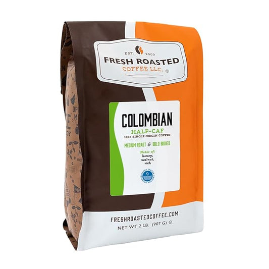 Fresh Roasted Coffee, Colombian Water Half-Caf, 2 lb (32 oz), Medium Roast, Kosher, Whole Bean