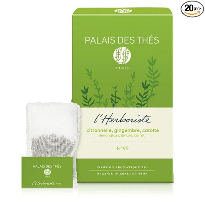 Palais des Thés Caffeine-Free Tea - L'Herboriste N°95 Organic Energy Herbal Blend with Lemongrass, Ginger & Carrot - Premium Tea Bags, Serves 20 Cups