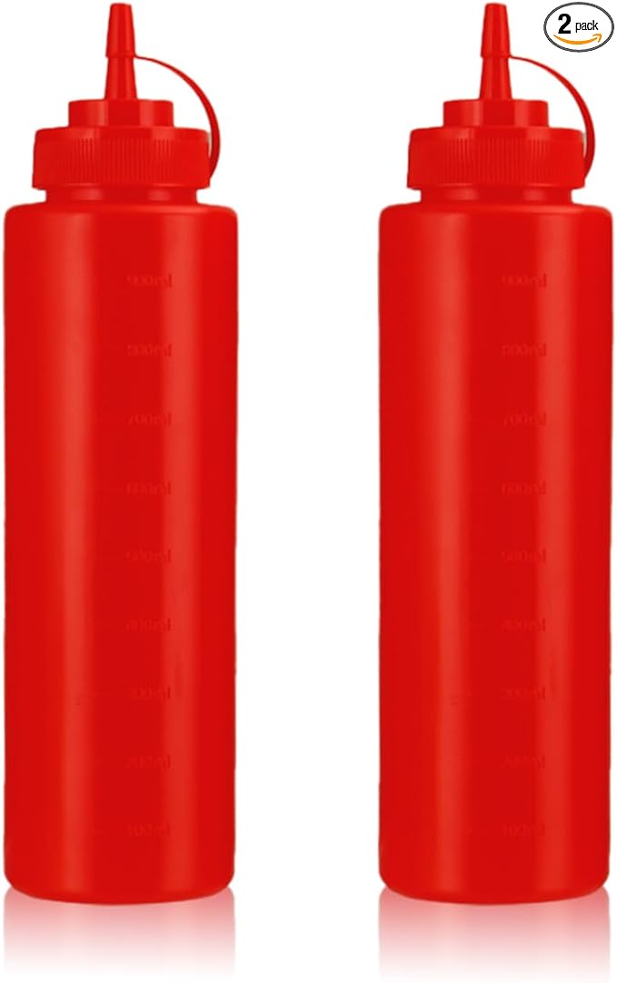 Squeeze Bottles for Sauces,Leak-Proof Condiment Dispenser, BPA-Free Kitchen Restaurant Squeeze Bottle Set with Wide Mouth for Ketchup, Mustard,Syrup,Dressings (Red, 2Pack-32oz(900ml))