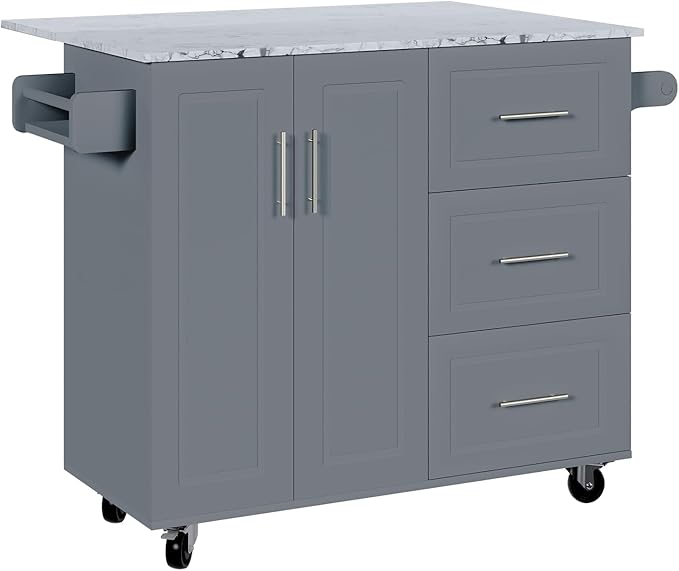 4 EVER WINNER Kitchen Island on Wheels with Storage and Drop Leaf, Marble Tabletop, 43" Kitchen Island Cart with Towel Rack & Spice Rack, Rolling Islands cart for Kitchen, Gray