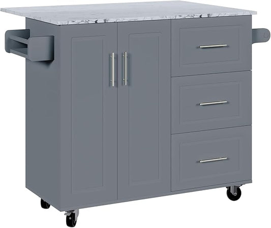 4 EVER WINNER Kitchen Island on Wheels with Storage and Drop Leaf, Marble Tabletop, 43" Kitchen Island Cart with Towel Rack & Spice Rack, Rolling Islands cart for Kitchen, Gray