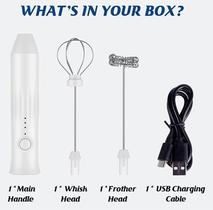 Electric Milk Frother for Coffee and Hot Drinks, Drink Mixer,Egg Mixer, Rechargeable, USB Charging (White)