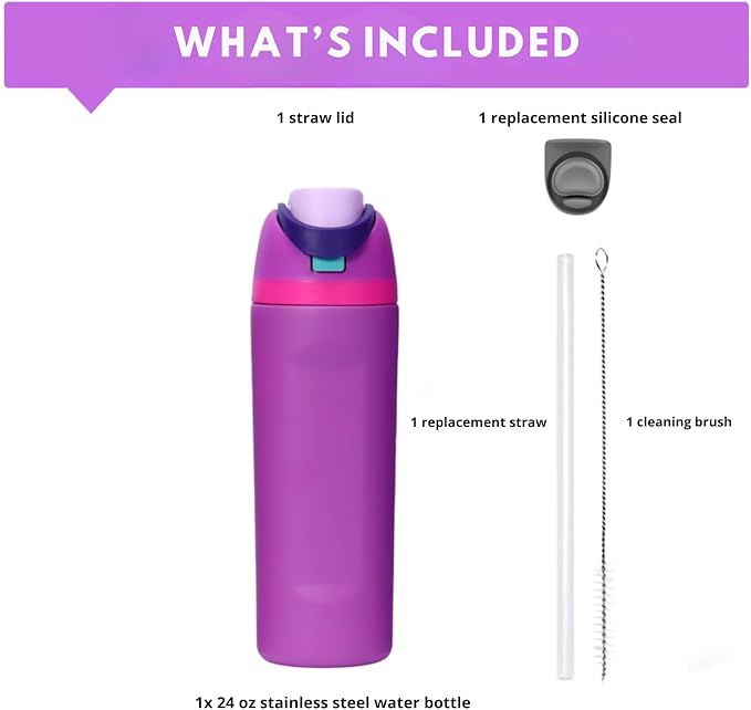 DUTHINGS Insulated Stainless Steel Water Bottle with Straw, 24 oz – Leakproof, BPA-Free Reusable Sports & Travel Bottle with Replacement Straw and Cleaning Brush (Purple)