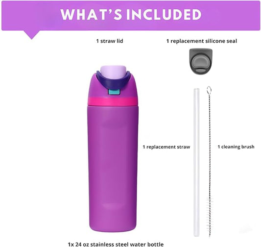 DUTHINGS Insulated Stainless Steel Water Bottle with Straw, 24 oz – Leakproof, BPA-Free Reusable Sports & Travel Bottle with Replacement Straw and Cleaning Brush (Purple)