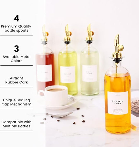 Molimoli Liquor Pour Spout Made of Stainless Steel with Automatic Anti-Oxidation Mechanism, Bottle Pourers for Alcohol, Olive Oil Dispenser Spout, Wine Pourer Spout, Oil Bottle Spout, Pack of 4, Gold