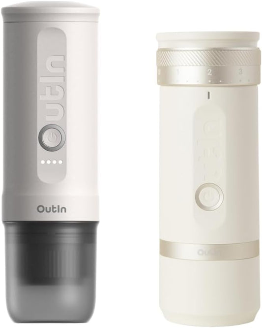 OutIn Nano Portable Electric Espresso Machine with Fino Portable Electric Coffee Grinder, White & White