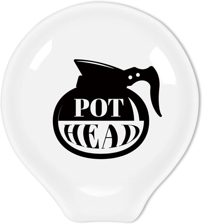 Funny Coffee Quote Black and White Ceramic Coffee Spoon Rest - Holder and Station Decor - Pot Head? Gift for Women and Men