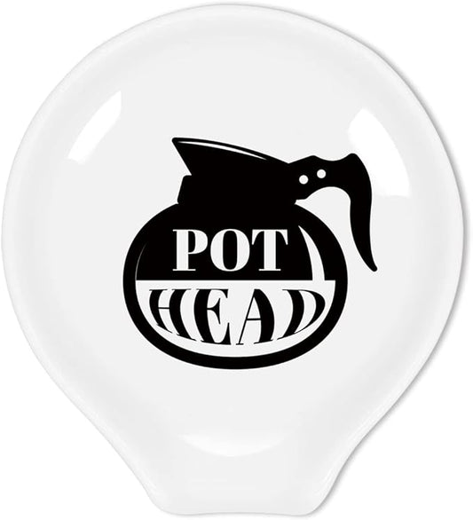 Funny Coffee Quote Black and White Ceramic Coffee Spoon Rest - Holder and Station Decor - Pot Head? Gift for Women and Men