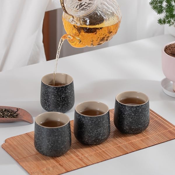 TEANAGOO Japanese Tea Cups, Chinese Tea Cup, 7.2Oz / 205 Ml, Ceramic Tea Cups for Adults, Ceramic Cups no Handles, Japanese Cups, Asian Matcha Cup, Charcoal Grey, 4 Pcs/Box, H17