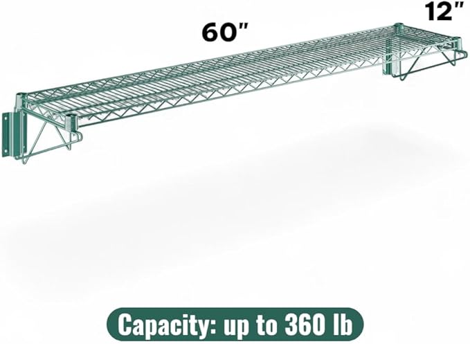 12" x 60" Green Wall-Mounted Wire Shelf with Epoxy Coating, Heavy-Duty Steel Storage Rack, NSF Certified, Easy Installation, Open Wire Design for Kitchen, Garage, or Utility Storage