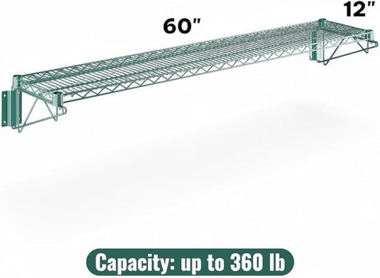 12" x 60" Green Wall-Mounted Wire Shelf with Epoxy Coating, Heavy-Duty Steel Storage Rack, NSF Certified, Easy Installation, Open Wire Design for Kitchen, Garage, or Utility Storage