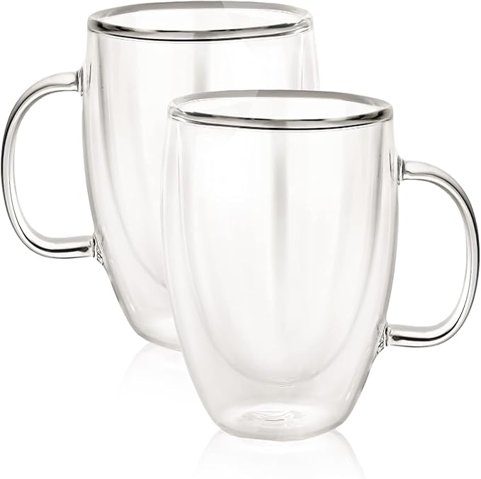 16 Oz Insulated Glass Mugs – Double Wall Coffee Mugs for Tea, Cappuccino, Iced Coffee, Latte, Hot Beverages – Microwave & Dishwasher Safe, Set of 2