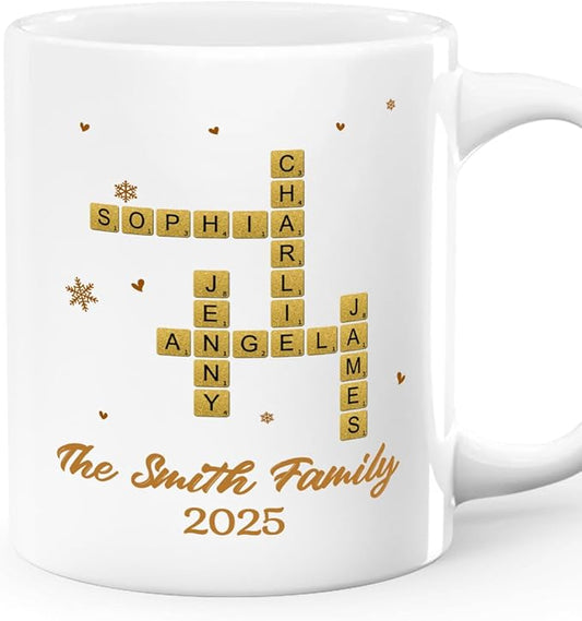 Joymade Personalized Ceramic Coffee Mug, Funny Custom Mug for Bestie, Friends, Couple, Coworker, Snowman Lovers (Family Name Scrabble Christmas)