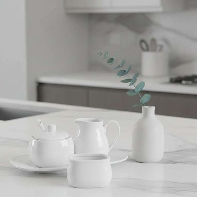 Dicunoy Set of 4 Sugar and Creamer Set, Small Creamer Pitcher with Handle for Coffee Bar, Sugar Bowl with Lid, Spoon and Tray, White Ceramic Sweetener Packet Container for Tea, Milk