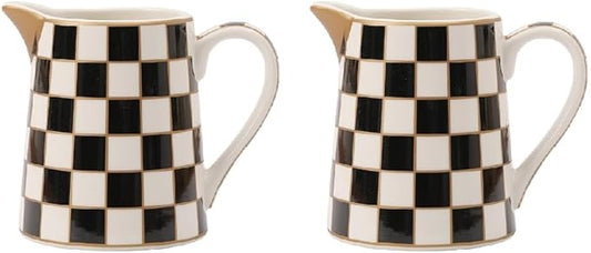 Porlien Checker Porcelain Creamer Pitcher Set of 2, Ceramic Milk Pitcher for Coffee Tea Espresso Cappucino Latte
