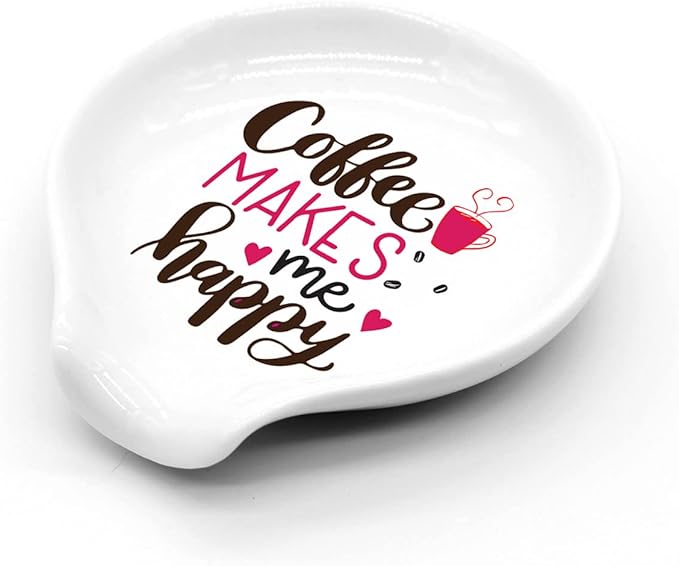 Funny Coffee Quote Colored Pattern Ceramic Coffee Spoon Holder-Coffee Spoon Rest -Coffee Station Decor Coffee Bar Accessories-Coffee Lovers Gift for Women and Men (Coffee Makes Me Happy)