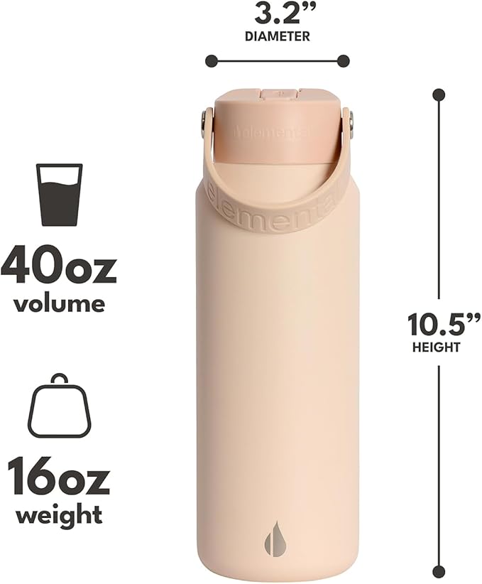 Elemental 40oz Insulated Water Bottle with Straw - 100% Leak-Proof Stainless Steel Core Water Bottles for Travel, Sports and Gym - Double Wall Insulation & BPA Free - Beige