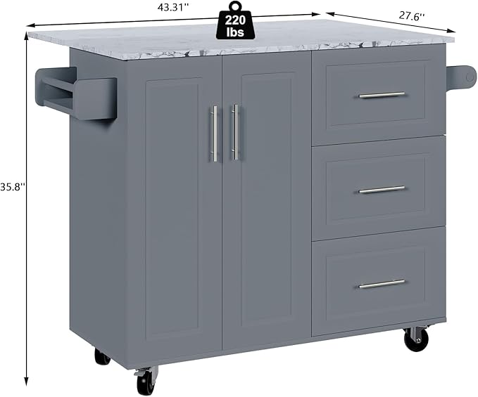 4 EVER WINNER Kitchen Island on Wheels with Storage and Drop Leaf, Marble Tabletop, 43" Kitchen Island Cart with Towel Rack & Spice Rack, Rolling Islands cart for Kitchen, Gray