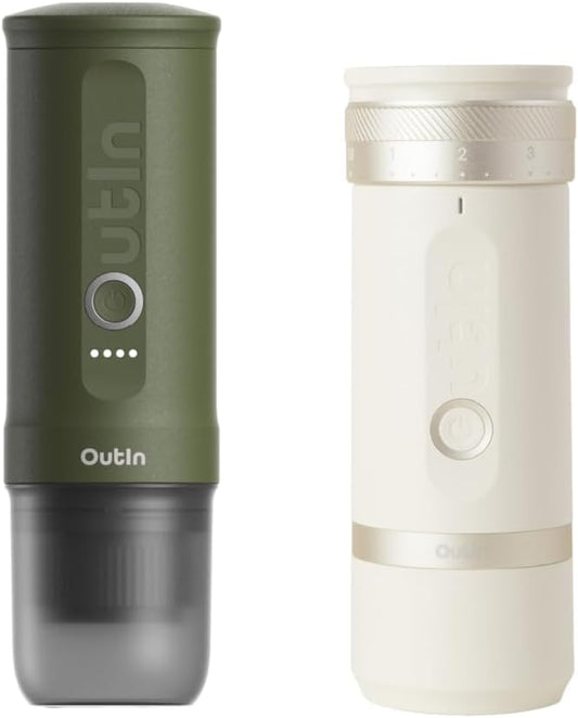 OutIn Nano Portable Electric Espresso Machine with Fino Portable Electric Coffee Grinder, White & Forest Green