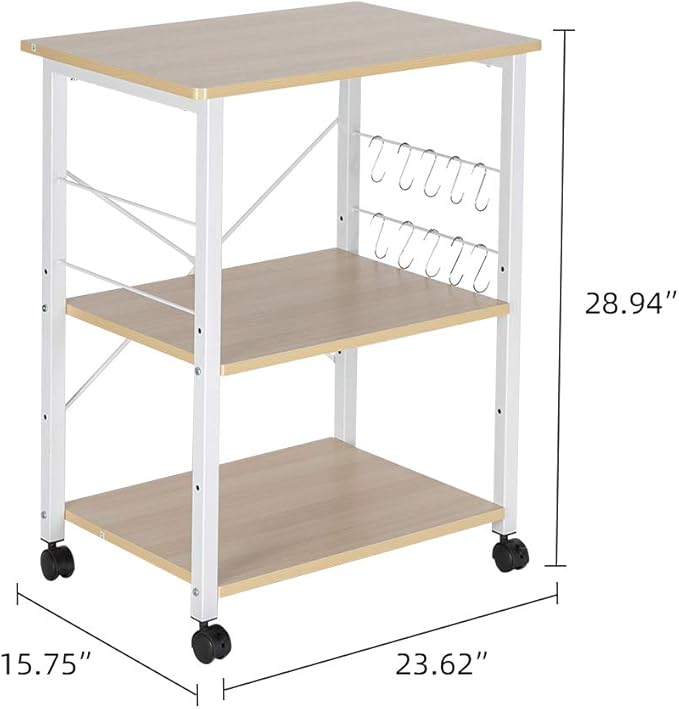 VINGLI Kitchen Cart, 3 Tier Standing Baker's Rack Utility Storage Shelf Microwave Oven Stand with 10 S-Shape Hooks Rolling Lockable Caster (Beige & White)