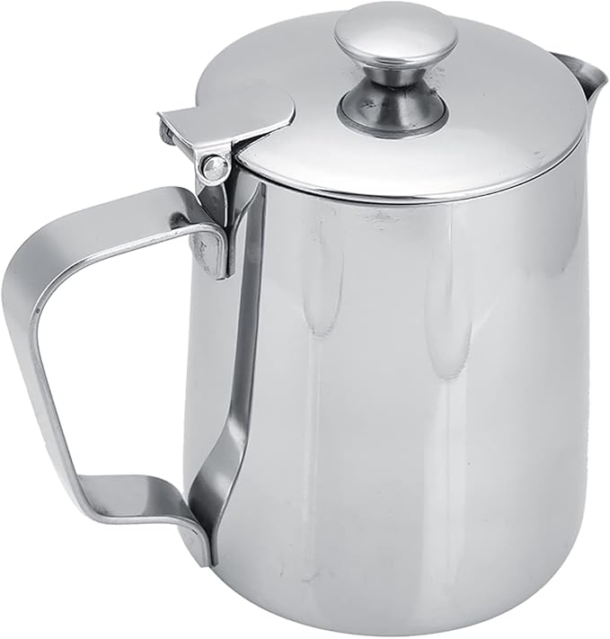 Milk Frother Cup with Lid, 350ML Milk Frothing Pitcher Milk Steamer Cup Latte Art Pitcher Stainless Steel Jug Coffee Creamer Container Creamer Dispenser with Lid for Latte Coffee Art