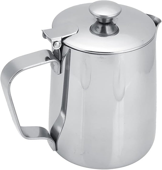 Milk Frother Cup with Lid, 350ML Milk Frothing Pitcher Milk Steamer Cup Latte Art Pitcher Stainless Steel Jug Coffee Creamer Container Creamer Dispenser with Lid for Latte Coffee Art