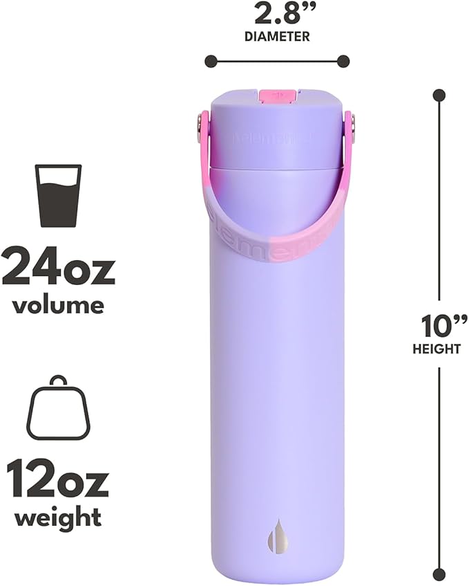 Elemental 24oz Insulated Water Bottle with Straw - 100% Leak-Proof Stainless Steel Core Water Bottles for Travel, Sports and Gym - Double Wall Insulation & BPA Free - Lilac Tie Dye