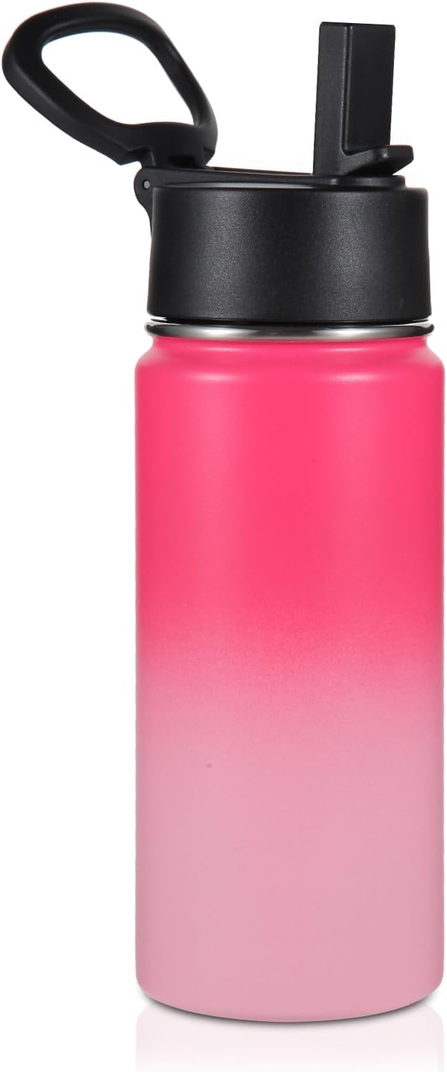 Volhoply Kids Insulated Water Bottle with Straw,16oz Stainless Steel Cold Water Bottles for School,BPA-Free Metal Wide Mouth Cups with Handle Lid,Reusable Double Wall Vacuum Sport Flask(Peach,1)