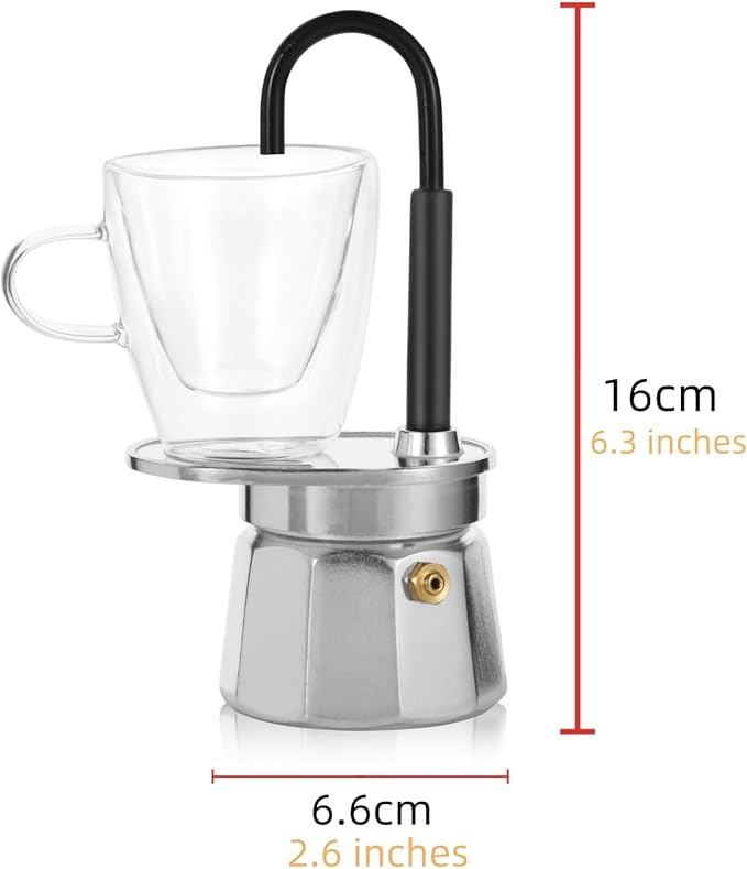 MVPLUE-Mini Express Swiss Single Tube Moka Pot Aluminum Silver，Moka Set includes One Double Wall 3oz Cup,Enjoy delicious coffee in no time