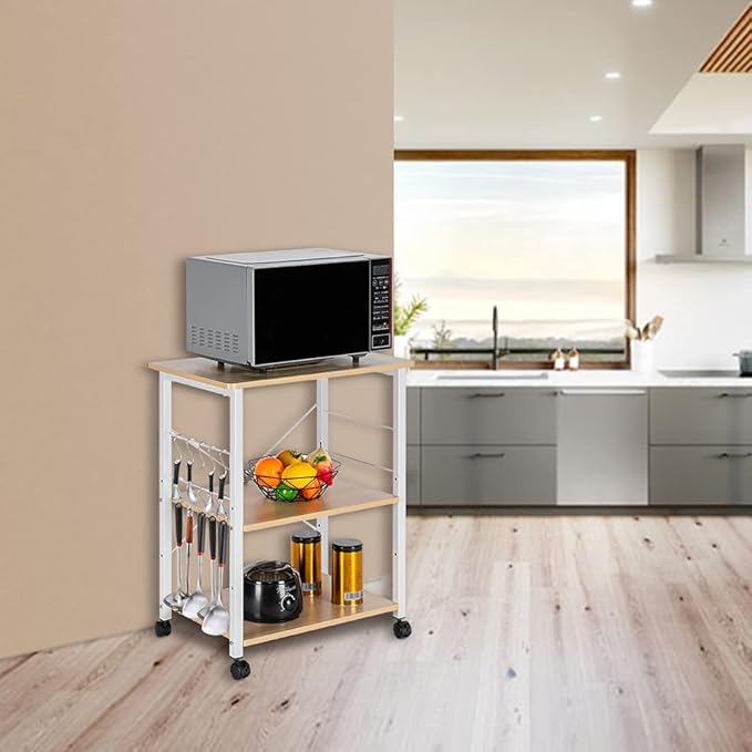 VINGLI Kitchen Cart, 3 Tier Standing Baker's Rack Utility Storage Shelf Microwave Oven Stand with 10 S-Shape Hooks Rolling Lockable Caster (Beige & White)