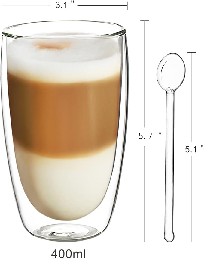 Joeyan 13.5oz Large Double Wall Glass Coffee Mugs with Spoon Set of 2- Insulated Thermal Latte Glasses for Hot or Cold Drinks- Clear Glass Coffee Cup for Espresso Ice Tea Cappuccino Macchiato Juice
