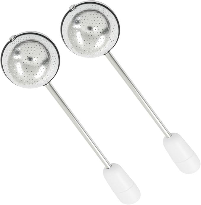 2Pcs Long Handle Tea Ball Stainless Steel White Metal Tea Ball Infuser for Loose Tea, Loose Leaf Tea Steeper for Cup, Natural Tea & Coffee