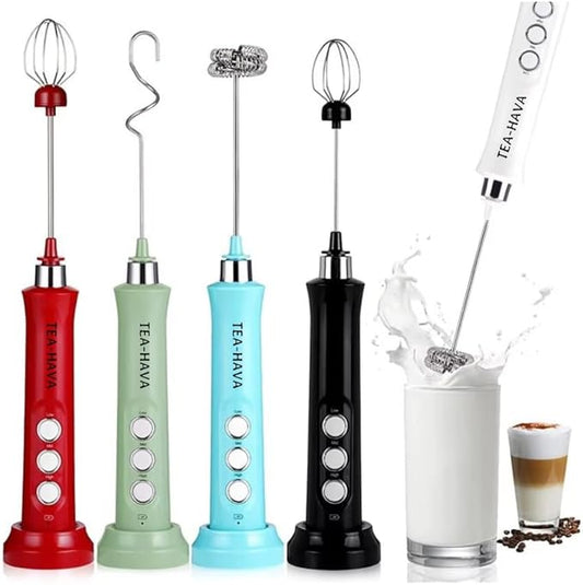 Milk Frother Handheld Rechargeable, Frother Wand Drink Mixer Electric Whisk for Coffee, Detachable With 3 Stainless Whisks, Hand Mixer for Lattes, Cappuccino, Matcha, Egg (TURQOISE BLUE) with Stand