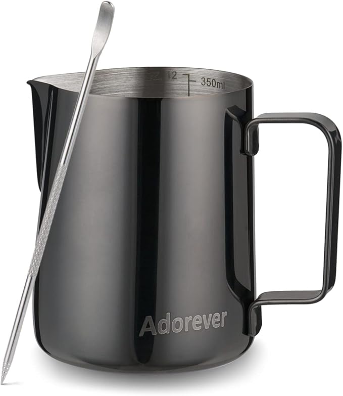 Milk Frothing Pitcher, 350ml (12oz) Steaming Pitchers Stainless Steel Milk Coffee Cappuccino Latte Art Barista Steam Pitchers Milk Jug Cup with Decorating Art Pen, Bright Black